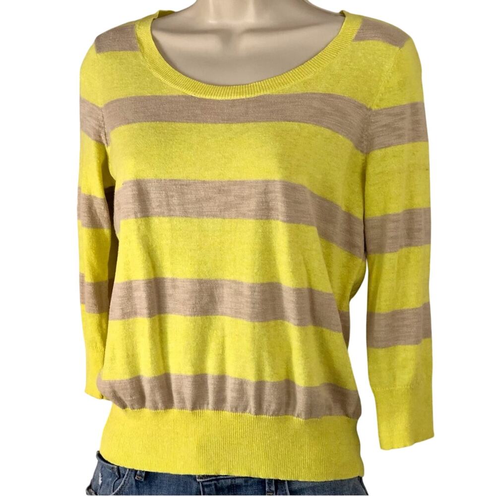 Ann Taylor Yellow Tan Stripe Sweater Scoop Neckline Light Weight 3/4 Sleeves